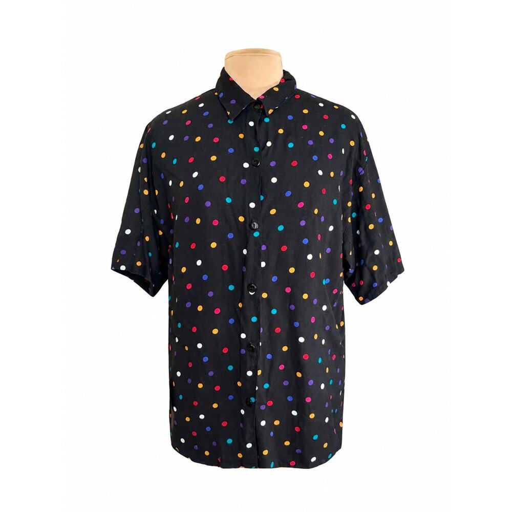 Vintage Black Multicolor Polka Dot Blouse Button Front Eclectic Statement Top
